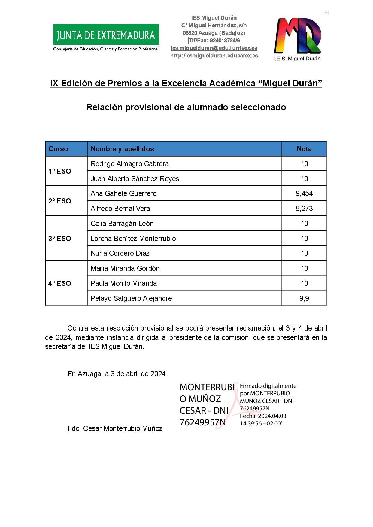 Listado Alumnos IX Premios Excelencia al estudio signed