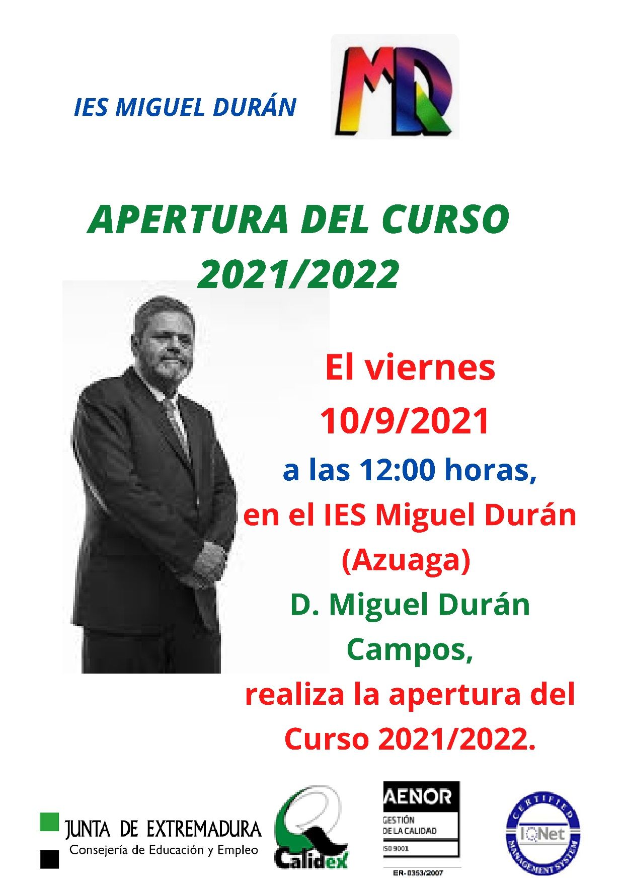 APERTURA DEL CURSO 20212022 POR Don MIGUEL DURÁN CAMPOS