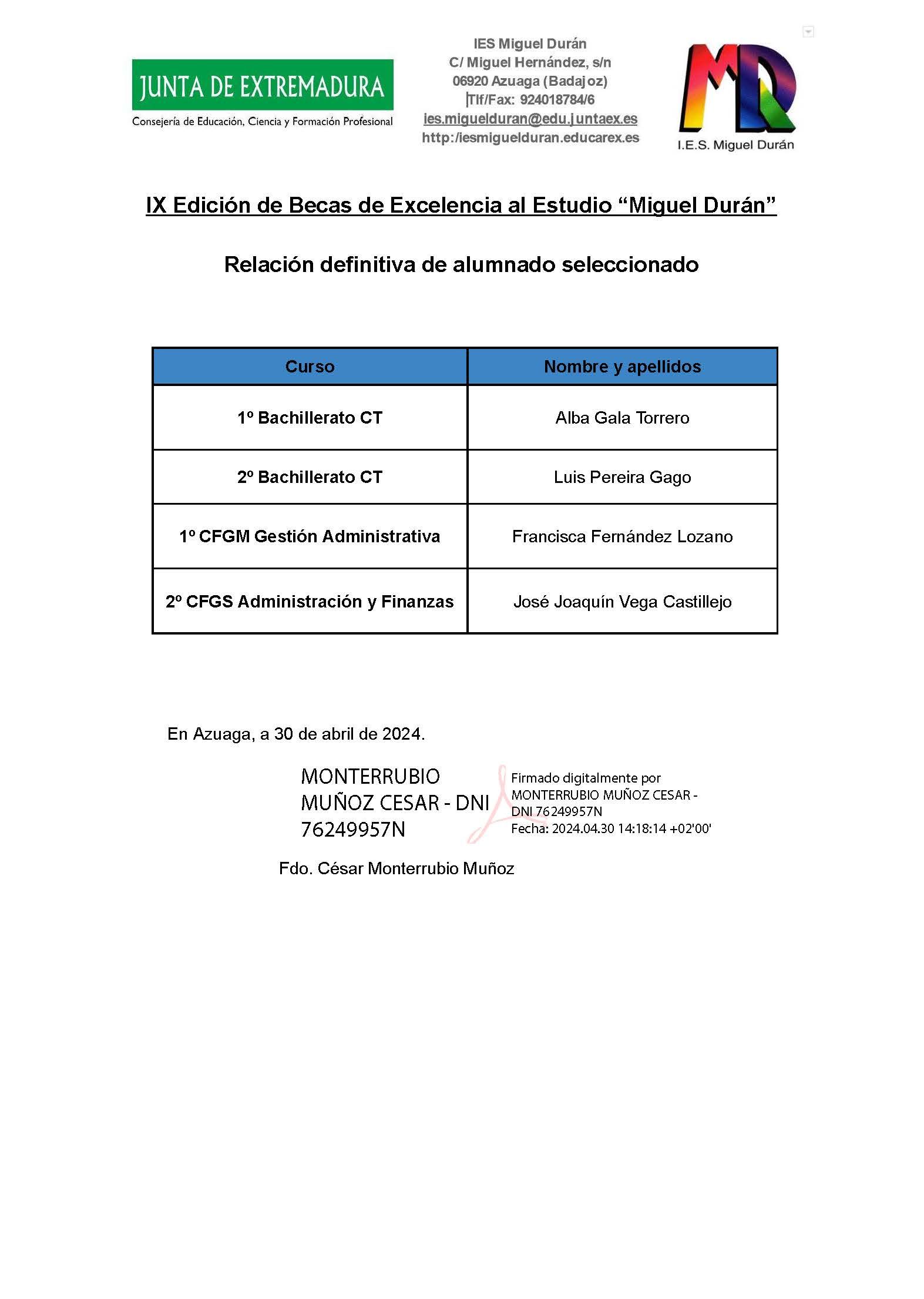 Listado definitivo Alumnos IX Becas Excelencia al estudio firmado