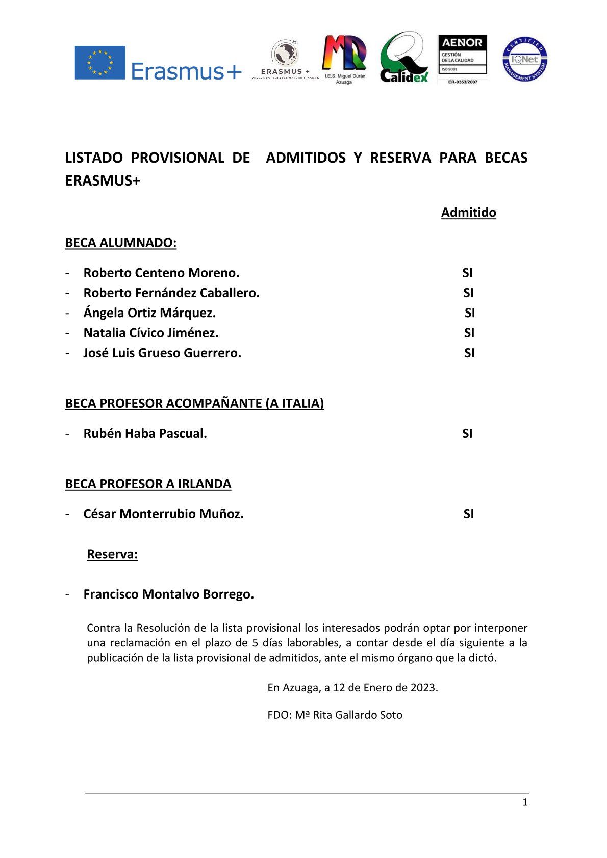 LISTADO PROVISIONAL ERASMUS 12 1 2023