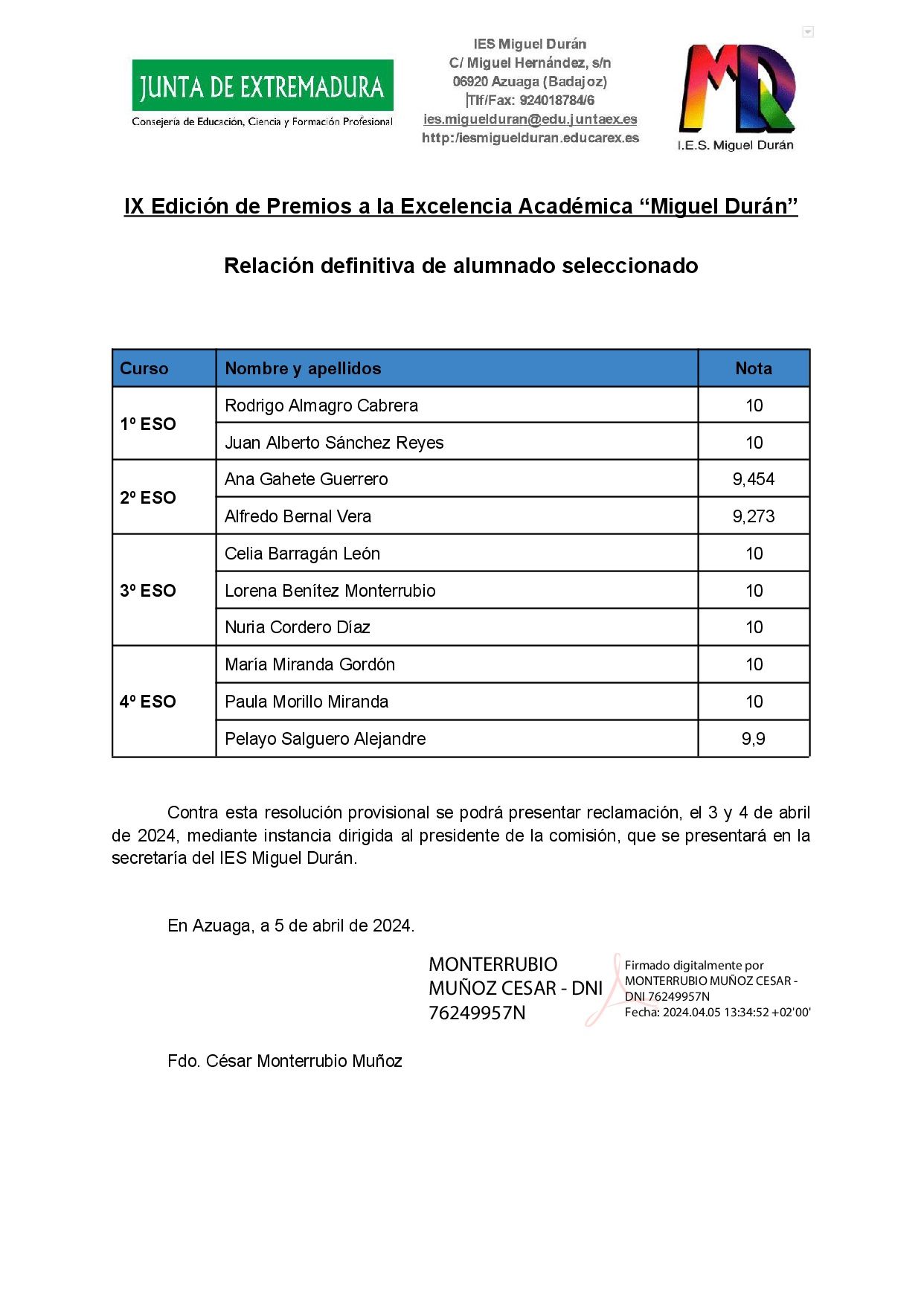 Listado definitivo Alumnos IX Premios Excelencia al estudio signed