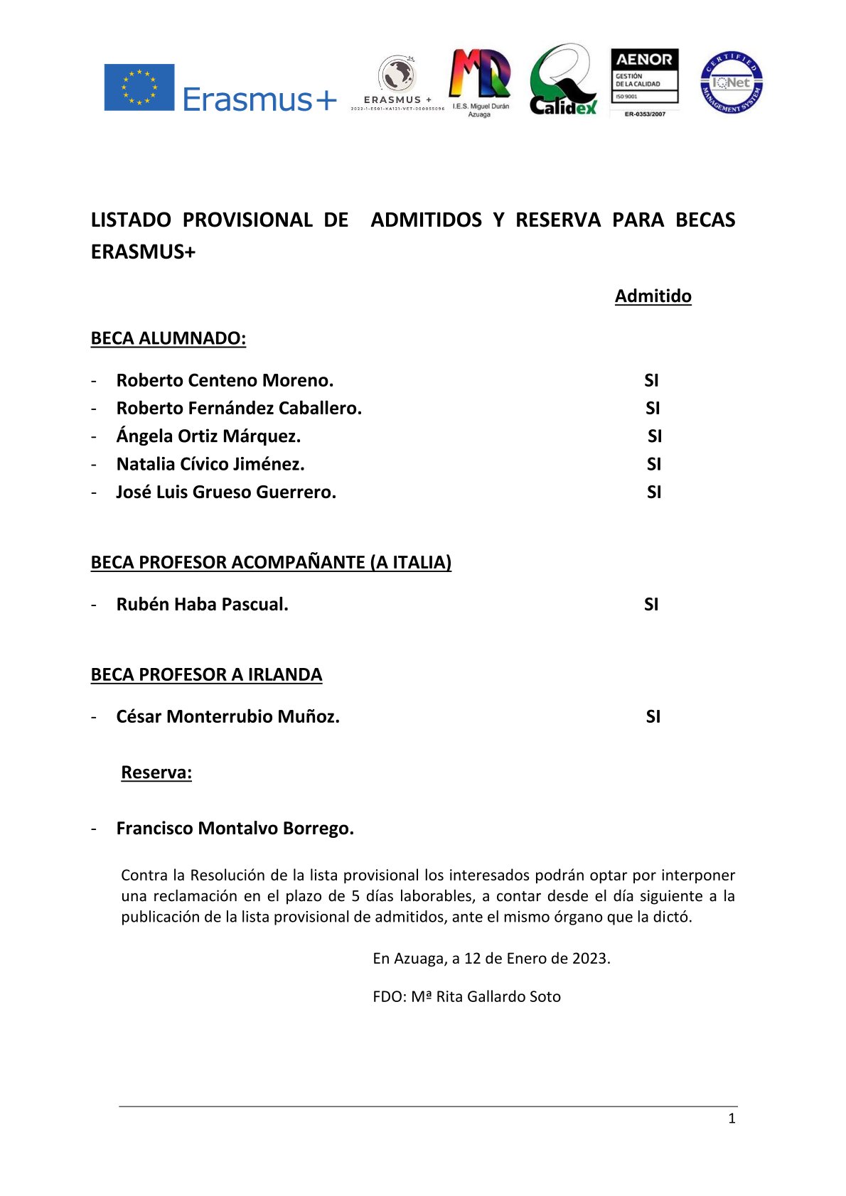 LISTADO PROVISIONAL ERASMUS 12 1 2023